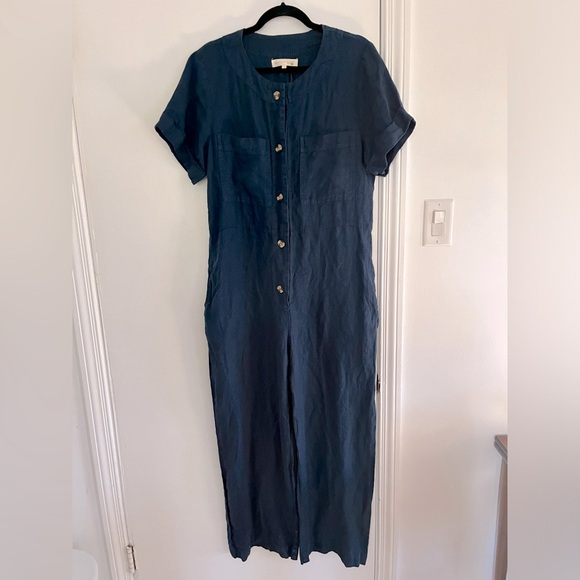 NWT navy linen button up jumpsuit - Picture 3 of 10